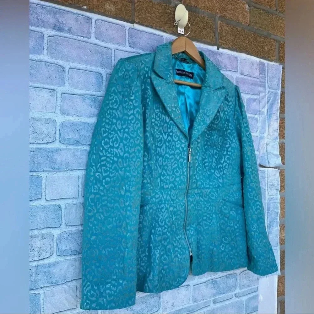 Pamela McCoy Turquoise Cheetah Leopard Print 100% Leather Full Zip Jacket medium